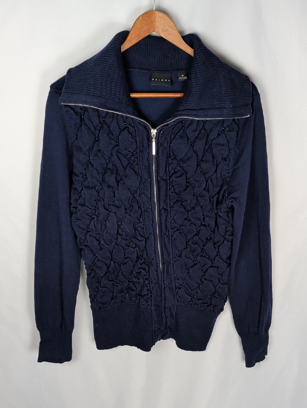 Tribal Womens Navy 3D Textured Knit Beaded Statement Cardigan - M